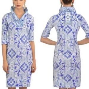 GRETCHEN SCOTT RUFFNECK DRESS WATTEAU IN BLUES SIZE S